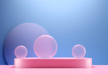 Realistic 3D pink and blue cylinder pedestal podium background with floating bubbles or balls. Wall minimal scene mockup products stage showcase, Cosmetic promotion display.