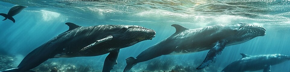 A pod of whales gracefully navigating through clean, open waters--a powerful image of marine conservation success.