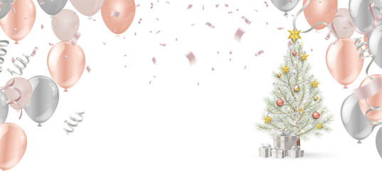 Christmas and New Year background with balloons and fir tree. Vector illustration.