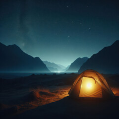 camping in the tent at night by the lake under the stars - 696606821