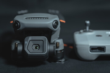 Professional drone with a large camera with a micro 4/3 sensor close-up.