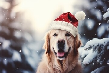 Cute happy dog in winter landscape and christmas time comeliness