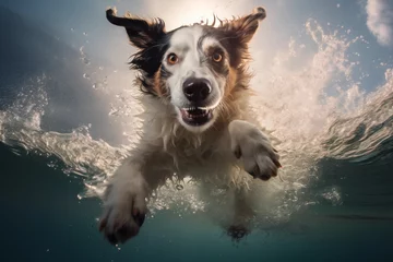 Poster Hund Australian Shepherd spingt ins Wasser, schwimmt im Wasser und taucht im Wasser © GreenOptix