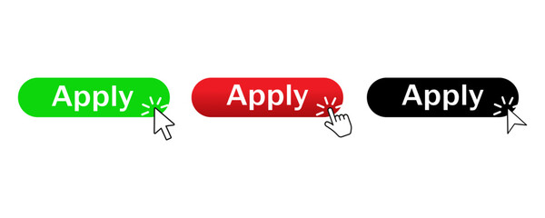 Apply button. Red, green, black, apply icons set. Vector icons eps10