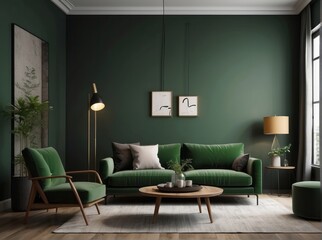 Interior of modern living room with black floor lamps, wooden coffee table and green armchairs
