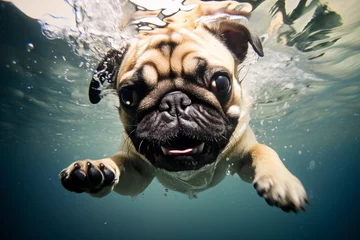 Poster Hund Mops spingt ins Wasser, schwimmt im Wasser und taucht im Wasser © GreenOptix