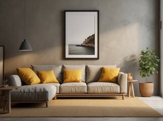 Rustic sofa with yellow cushions next to accent end table against beige wall with empty mock up