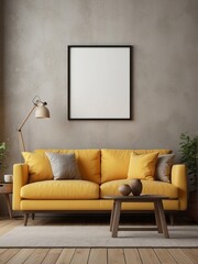 Rustic sofa with yellow cushions next to accent end table against beige wall with empty mock up