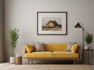 Rustic sofa with yellow cushions next to accent end table against beige wall with empty mock up