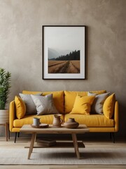 Rustic sofa with yellow cushions next to accent end table against beige wall with empty mock up