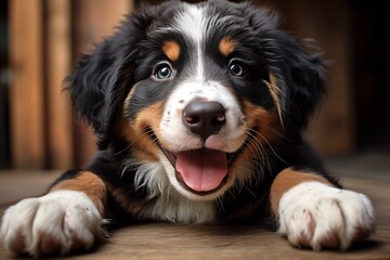Berner Sennenhund, Portrait Hundewelpe. Flauschiger glücklicher Welpe