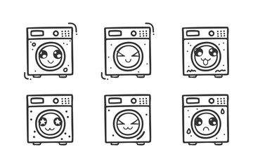 hand drawn washing machine character with various expressions
