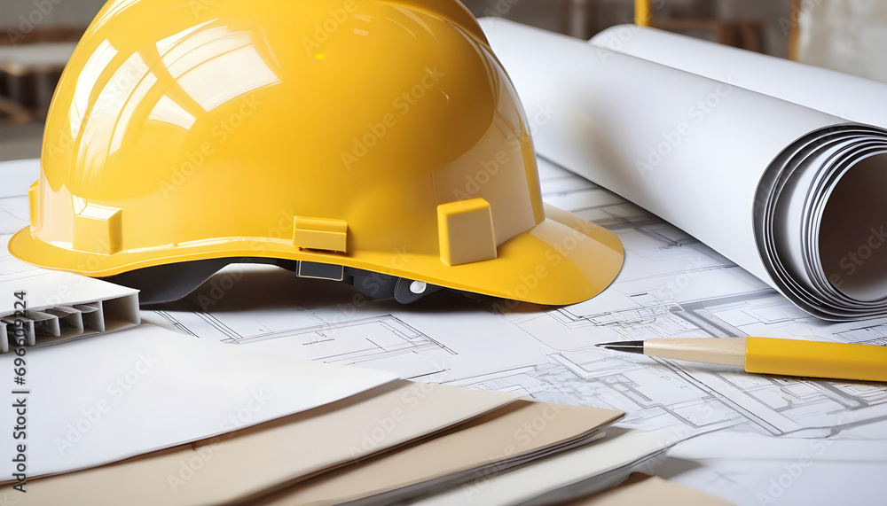 Poster close up of architecture project of building and yellow helmet over design equipment