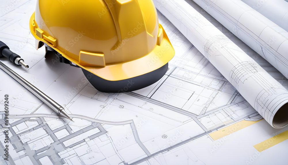 Poster close up of architecture project of building and yellow helmet over design equipment