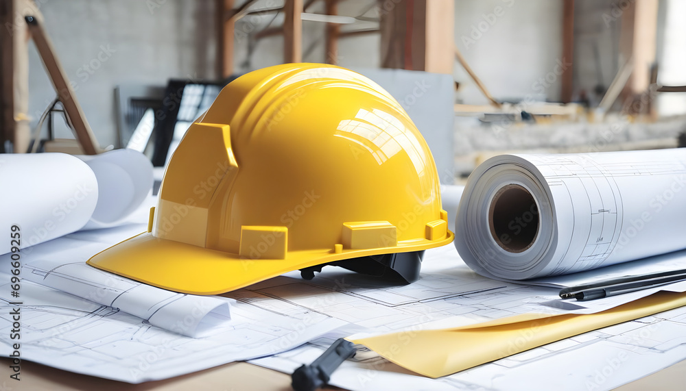 Poster close up of architecture project of building and yellow helmet over design equipment