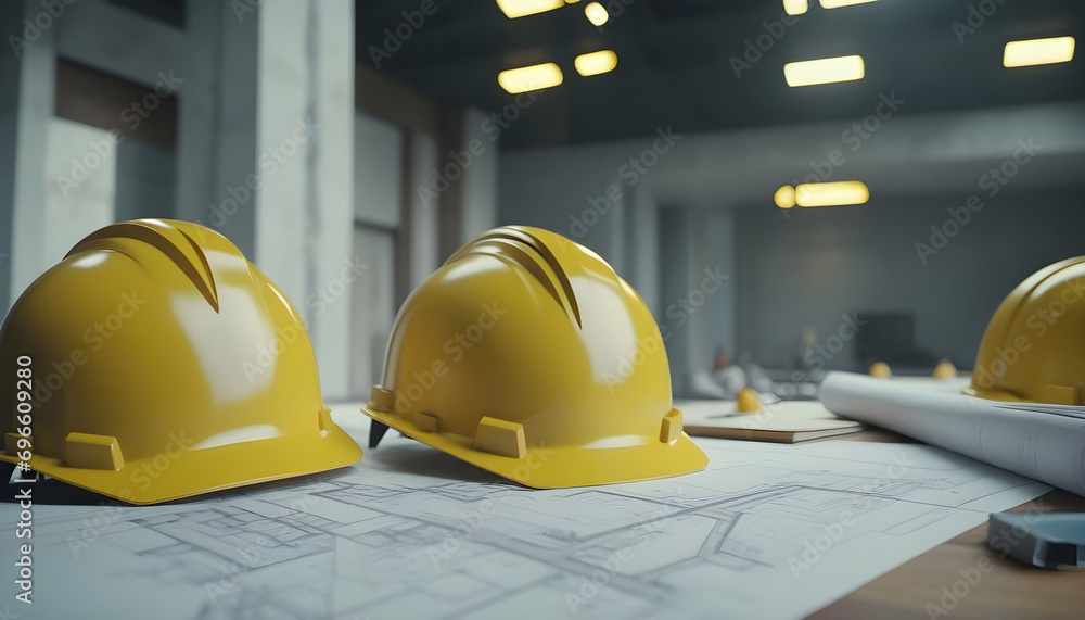 Poster close up of architecture project of building and yellow helmet over design equipment