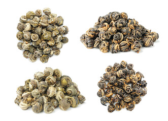 Pearl style premium Chinese teas, collection of Pearl Jasmine and Fujian black tea loose leaves  isolated on white