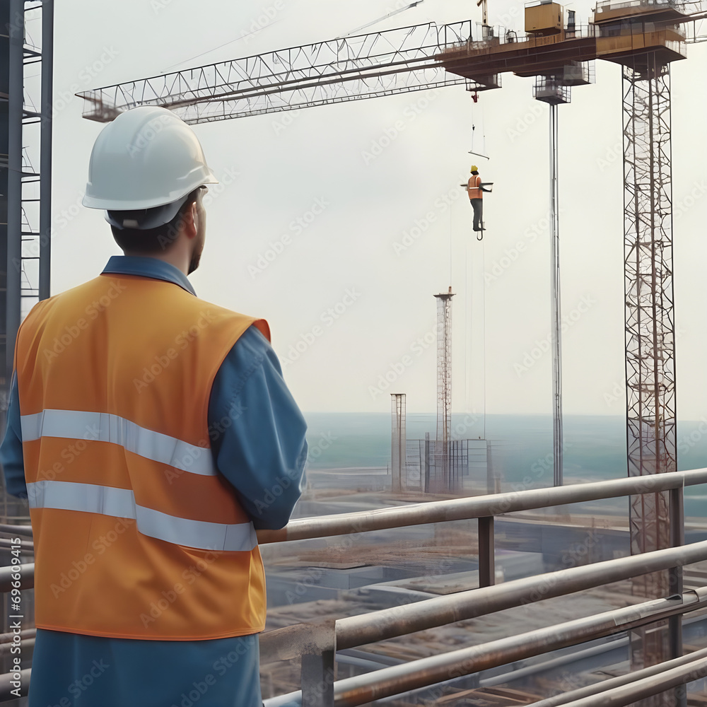 Poster engineer technician watching team of workers on high steel platform, engineer technician looking up 