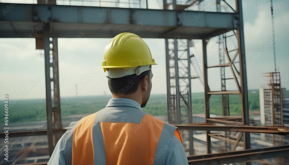 Poster engineer technician watching team of workers on high steel platform, engineer technician looking up 