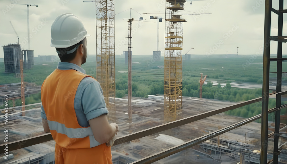 Poster engineer technician watching team of workers on high steel platform, engineer technician looking up 