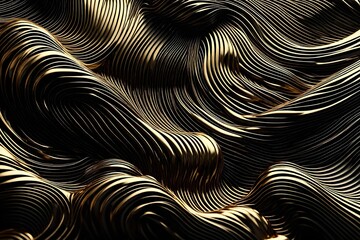 Luxurious chic black abstract 3D background with intertwined golden metallic waves. AI generated