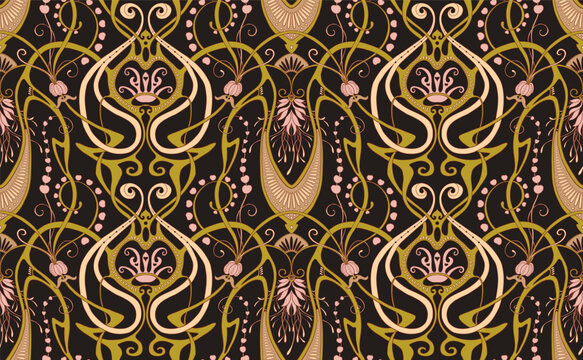 Fantasy flowers, decorative flowers and leaves in art nouveau style, vintage, old, retro style. Seamless pattern, background. Vector illustration.
