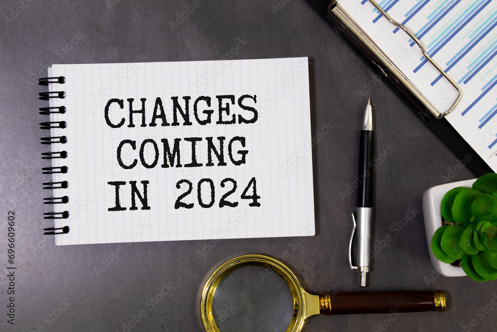 Aufkleber white notepad with text changes coming in 2024 and office tools on the blue background