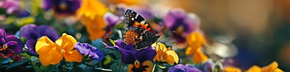  Intimate shot of a butterfly perched on a bed of vibrant pansies, its delicate wings adding an extra layer of beauty to the scene. © Fahad