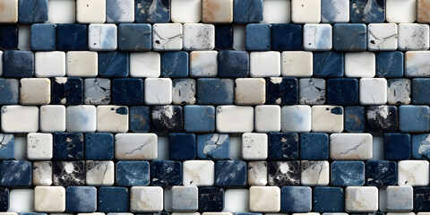 Seamless mosaic of square tiles in varying shades of blue and white, creating a visually soothing gradient effect.