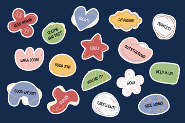 Motivational and encouraging stickers pack. Good job, great, well done, excellent. School reward labels, encouragement signs. Educational stickers, inspirational phrases for personal planner. Vector