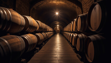 Long dimly lit wine cellar with rows of wooden barrels on racks along a central pathway