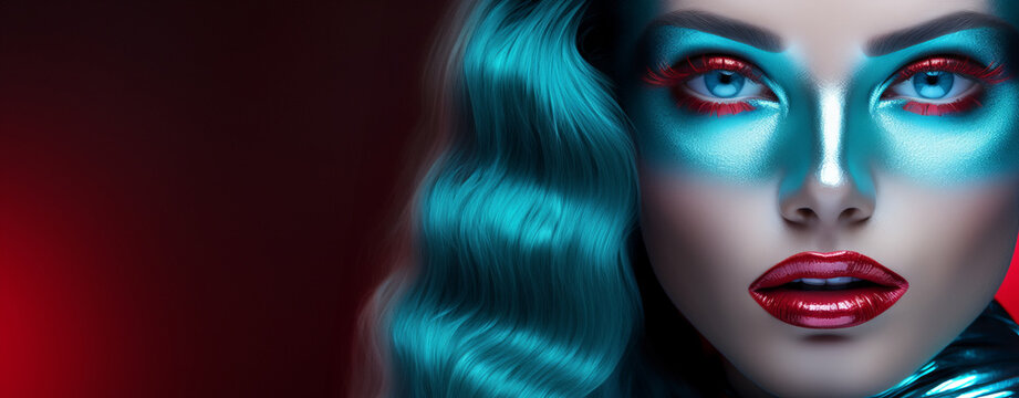 A beautiful woman with blue hair and teal suit portrait of makeup for beauty photo shoot, futuristic pop, shiny, high gloss, monochromatic shadows, contemporary candy-coated, shiny. glossy