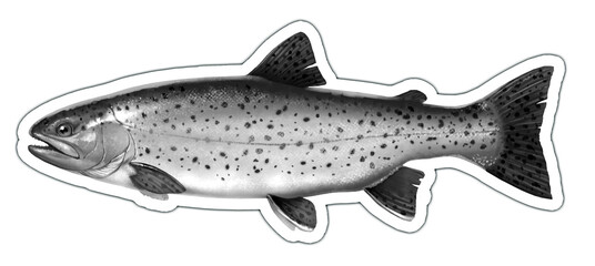 Big rainbow trout sticker black and white. River fish side view, illustration isolate realistic on white background. - 696610895