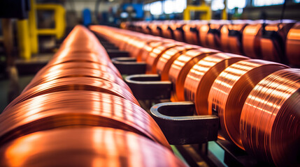 Des bobines de fils de cuivre pour l'électronique dans une usine. - obrazy, fototapety, plakaty