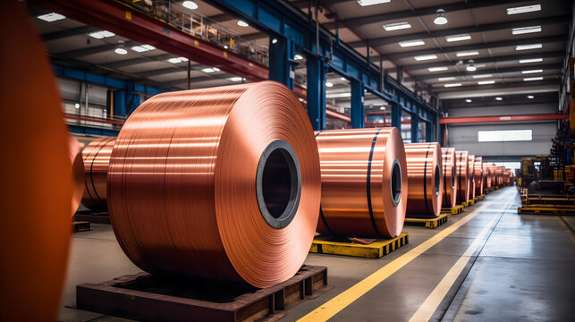 Des grosses bobines de cuivre sur une palette dans entrep&ocirc;t industriel.