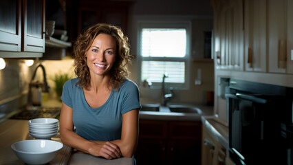 Attractive Woman Standing In Her Kitchen After Washing Dishes