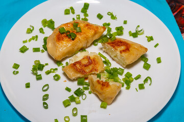 Fried pieroguis Ukrainian traditional food, on white plate on tablecloth decorated with typical Ukrainian embroidery. With cream and fresh chives in fine details. Prudentópolis PR