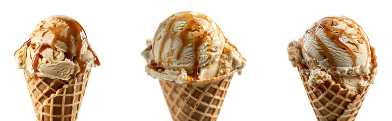Set of Close-Up Caramel Ice Cream Cones, Isolated on Transparent Background, PNG