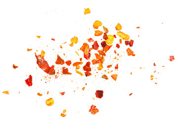 Close up spicy chili red pepper flakes, chopped, milled dry paprika pile isolated on white - obrazy, fototapety, plakaty