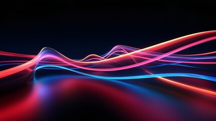 3d render. Abstract neon background. Fluorescent ines glowing in the dark room with floor reflection. Virtual dynamic curvy ribbon. Fantastic panoramic wallpaper. Digital data transfer. Energy concept