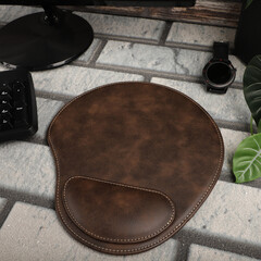 Leather mousepads in dark brown colors. Concept shot, top view. Custom background, leather...