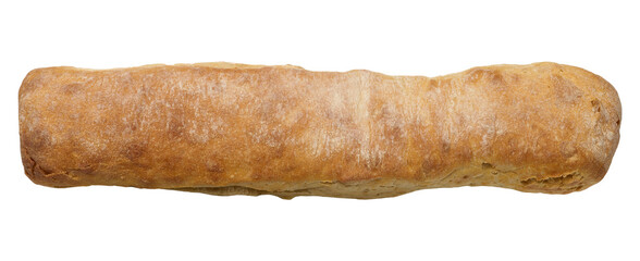 Oblong baked bread baguette isolated on white background