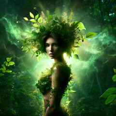  illustration on a nature goddess, elemental or sprite in a lush jungle forest