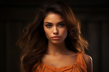 a beautiful woman in a orange dress, strong facial expression, dark white and dark brown, simple, multi-layered