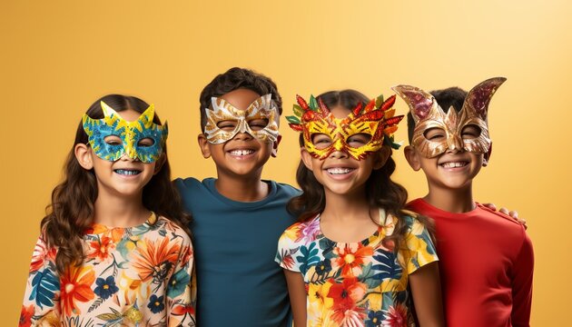 Kids Wearing Carnival Masks On Vibrant Solid Color Background   Studio Shot With Space For Text