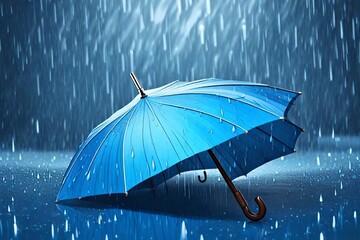 Beautiful blue umbrella close-up against the background of rain. AI generated.