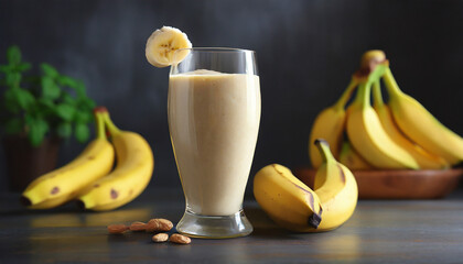 Food photography background - Healthy banana smoothie milkshake in glass with bananas on table