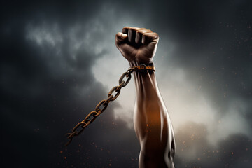 A clenched fist raised high, bound by a heavy chain with a glowing shackle against a stormy, dark sky. Resistance and the fight for freedom concept - obrazy, fototapety, plakaty