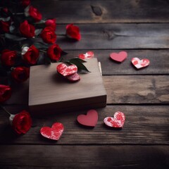Valentine's day background with red roses and gift box on wooden table. Generative AI
