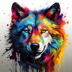 Wolf head with colorful paint splashes on a white background. Generative AI